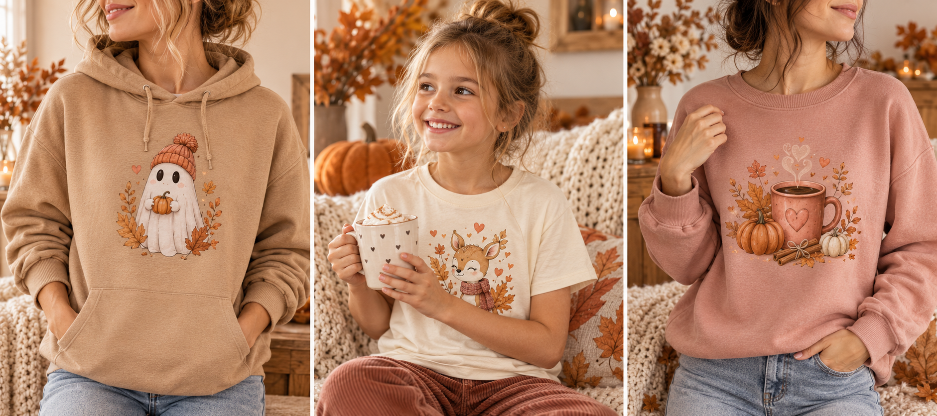Erwachsene und ein Kind mit herbstlich gestalteten Pullovern und T-Shirt