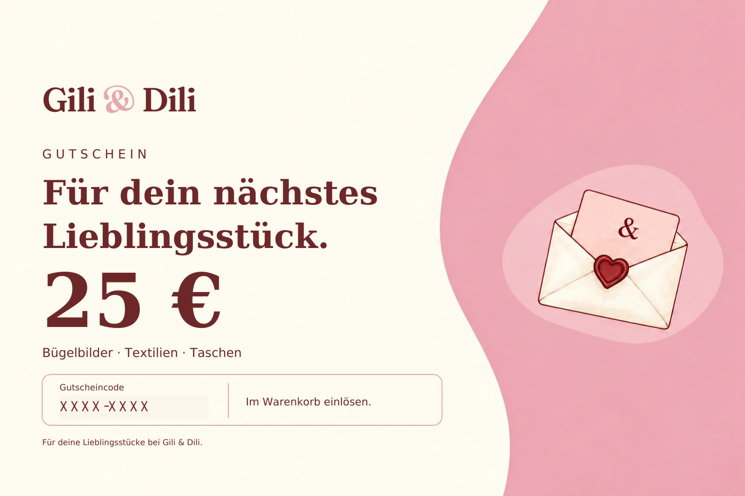 Gili und Dili Gutschein über 25 Euro mit Umschlag und Herzsiegel