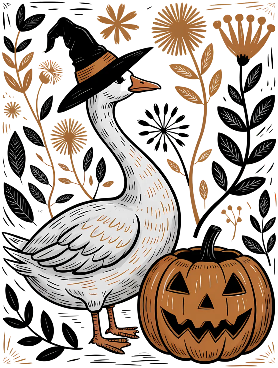 Halloween-Gans mit Kürbis – Bügelbild