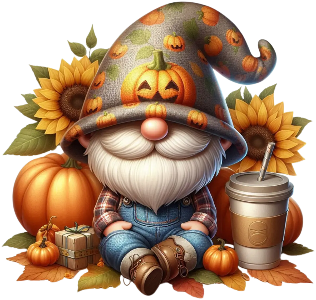 Herbstgnom mit Kürbiskaffee – Bügelbild