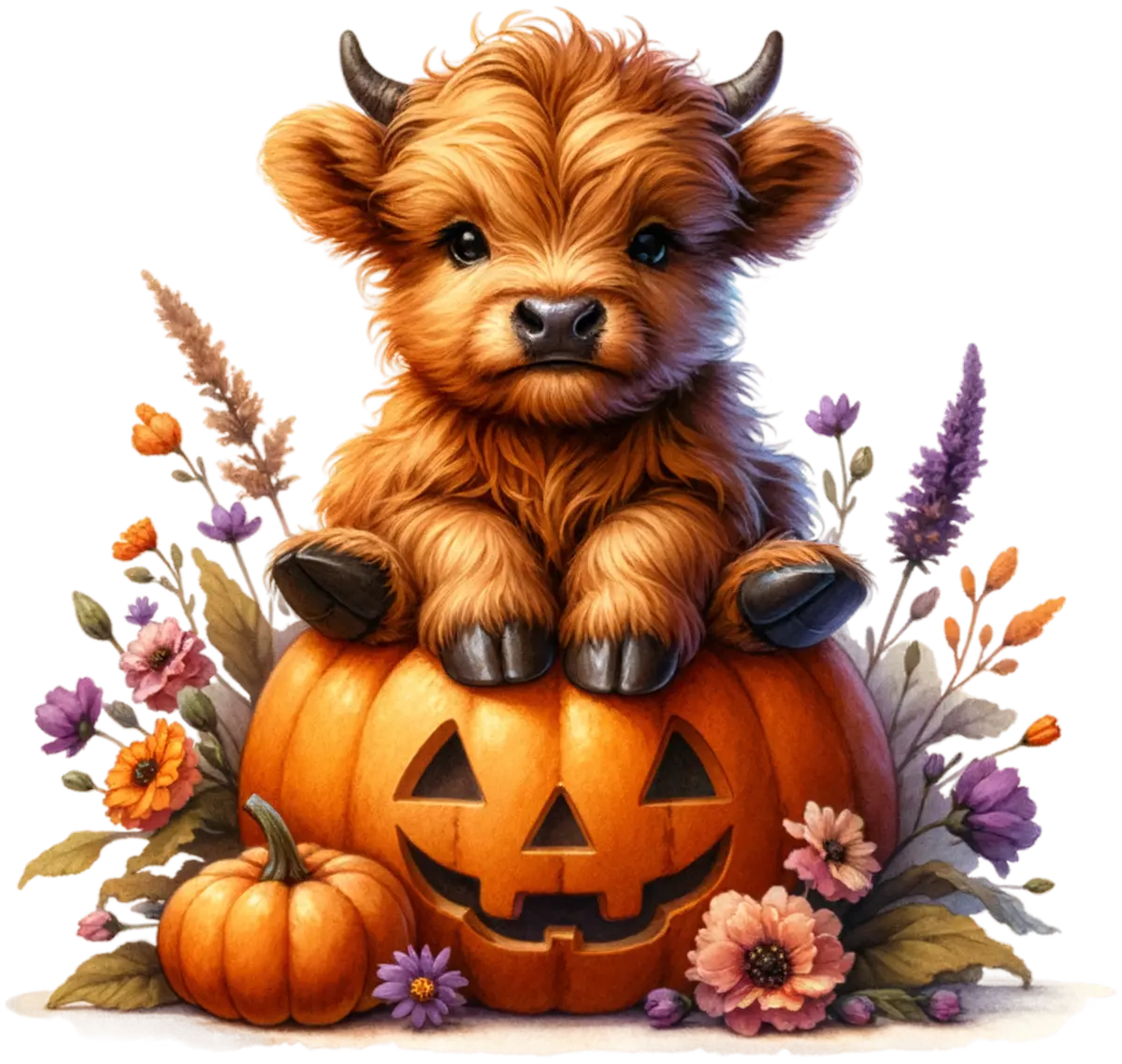 Highland-Kälbchen auf Halloween-Kürbis – Bügelbild