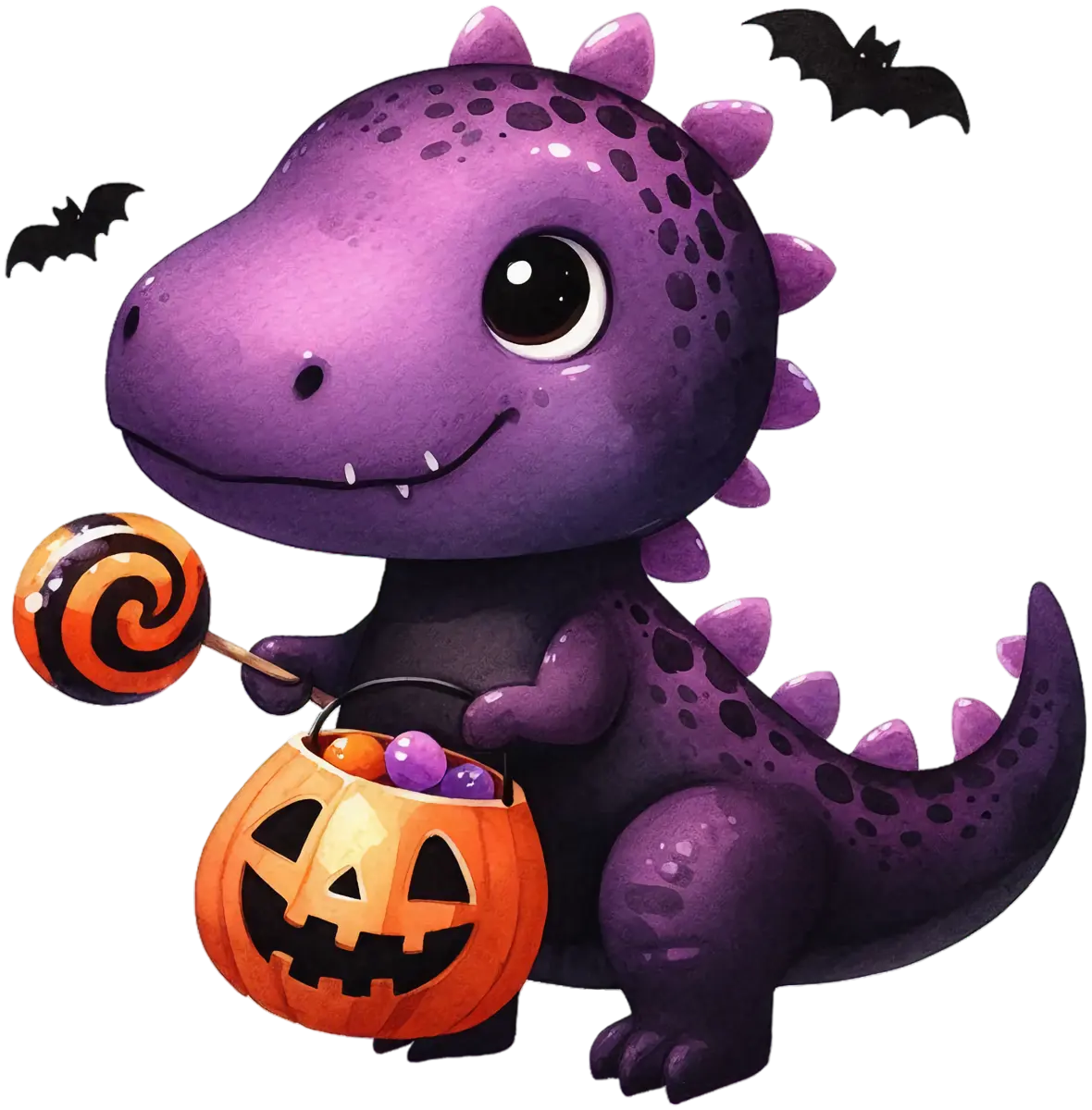 Kleiner Dino mit Halloween-Eimer – Bügelbild