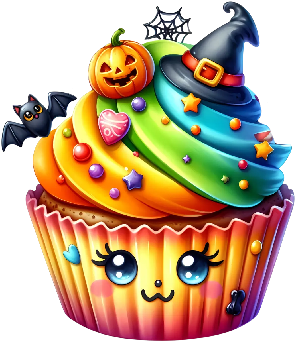 Regenbogen-Hexen-Cupcake – Bügelbild