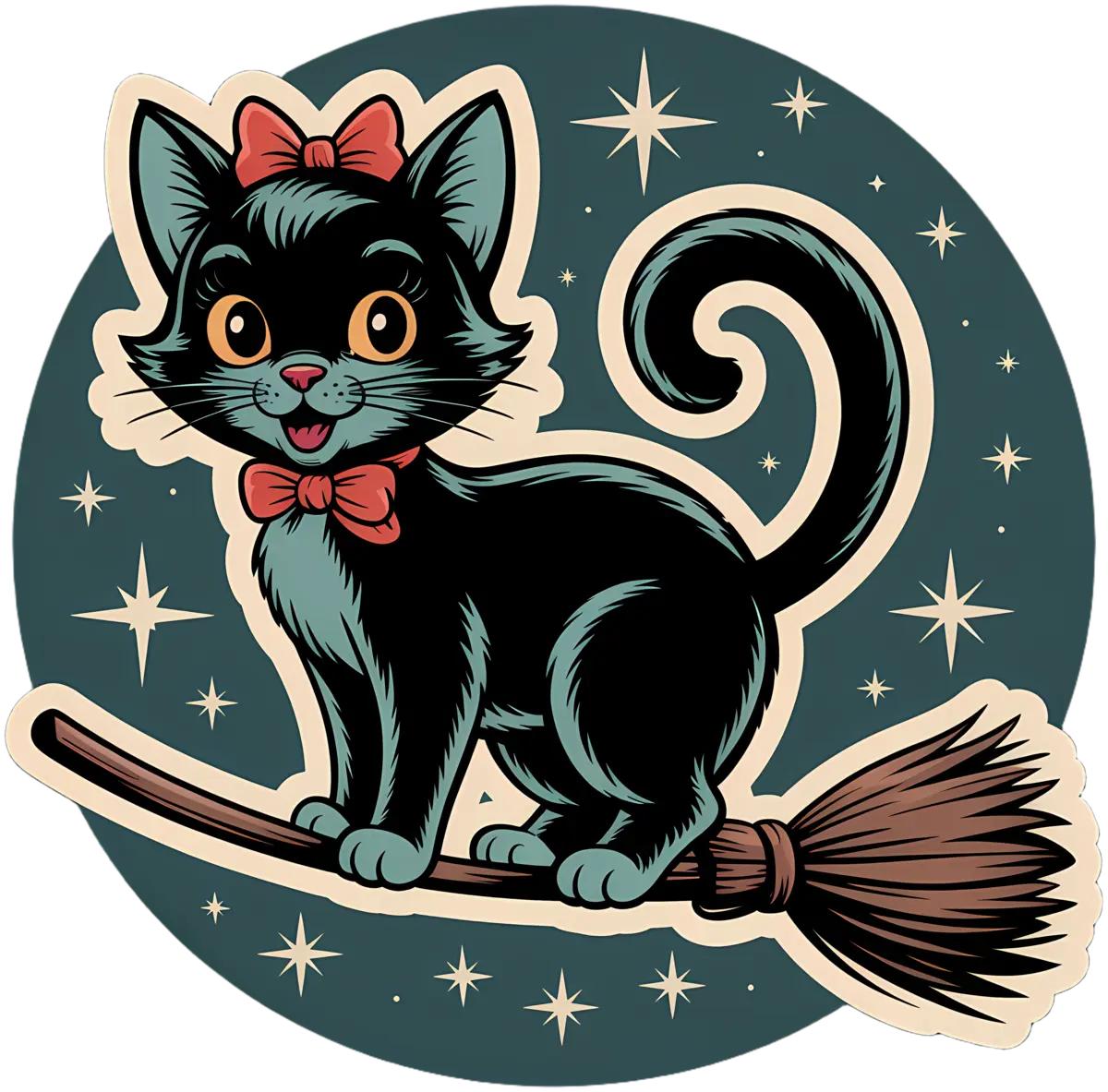 Schwarze Katze auf Hexenbesen – Bügelbild