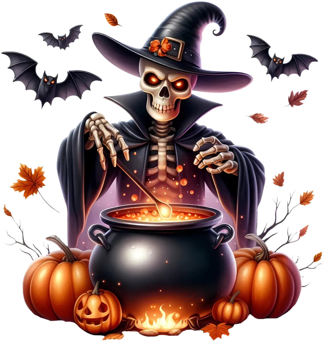 Skeletthexe am Zauberkessel – Bügelbild