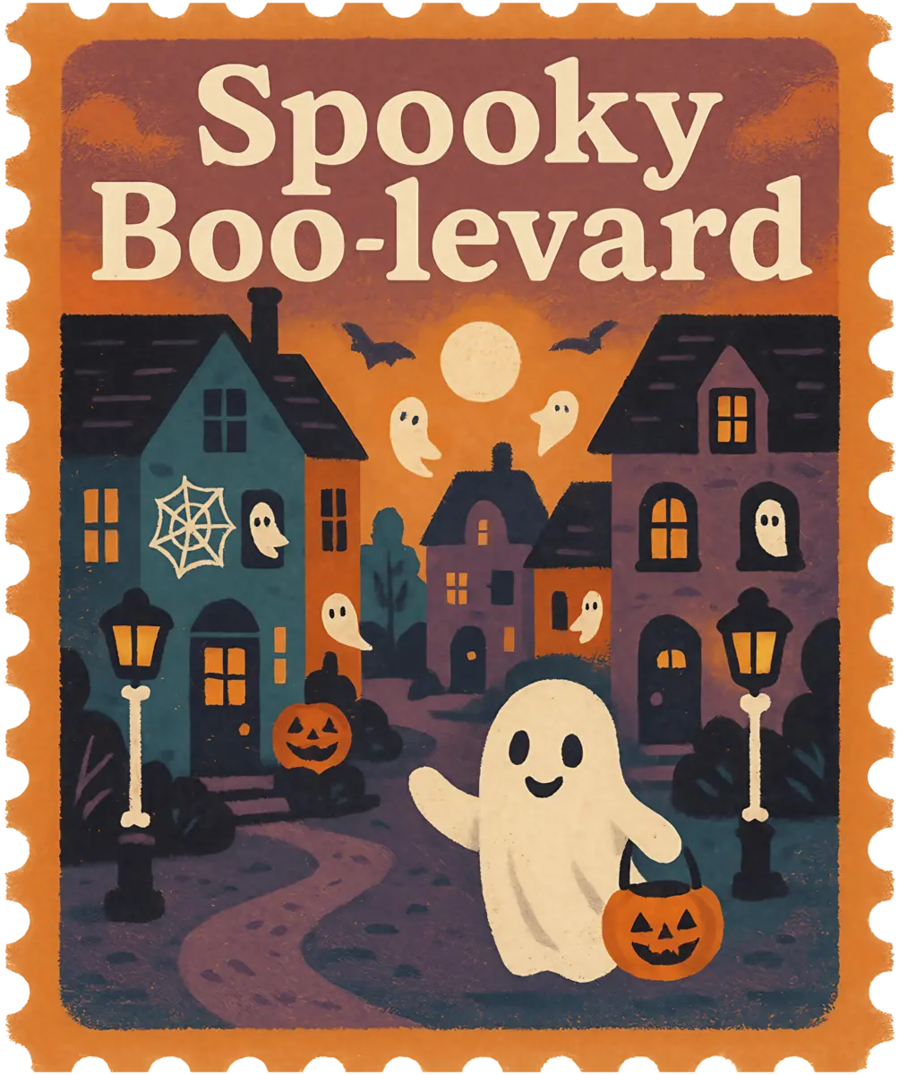 Spooky Boo-levard Briefmarke – Bügelbild