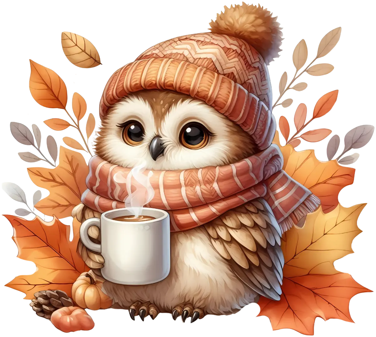 Herbsteule mit Kaffee – Bügelbild