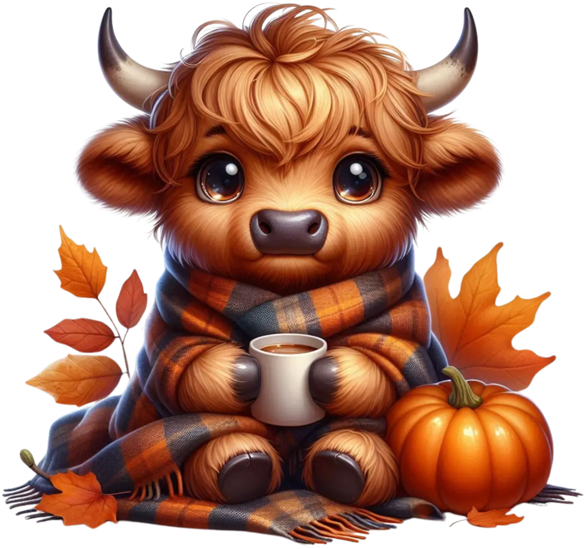 Highland-Kälbchen mit Herbstkaffee – Bügelbild