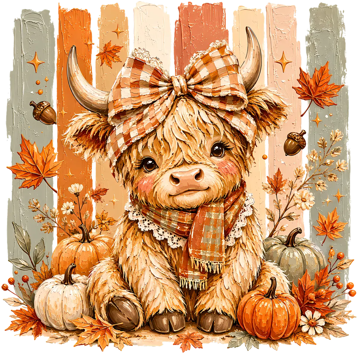 Highland-Kälbchen mit Herbstschleife – Bügelbild