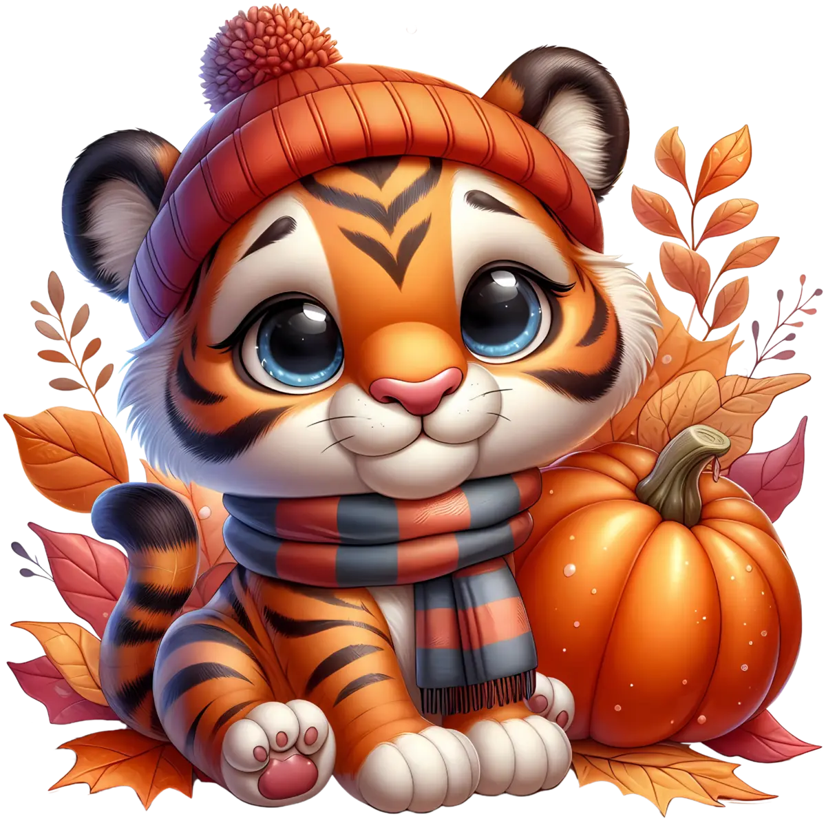 Kleiner Herbsttiger mit Kürbis – Bügelbild